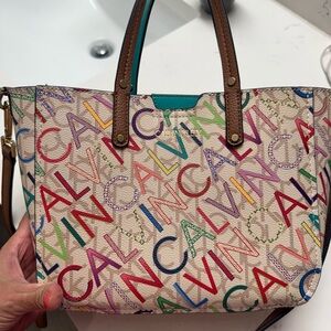 Calvin Klein Cream and Brown Tote Bag with Structured Design